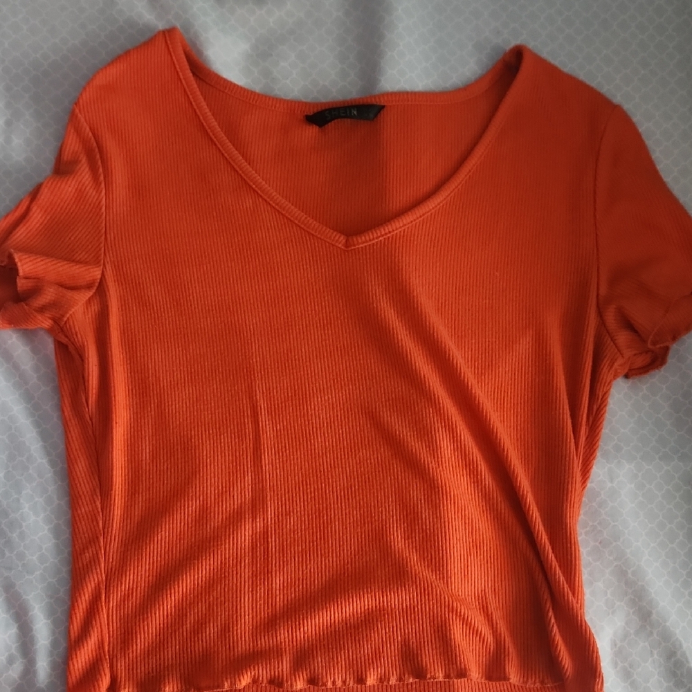 Orange V-Neck Ribbed Women's Top